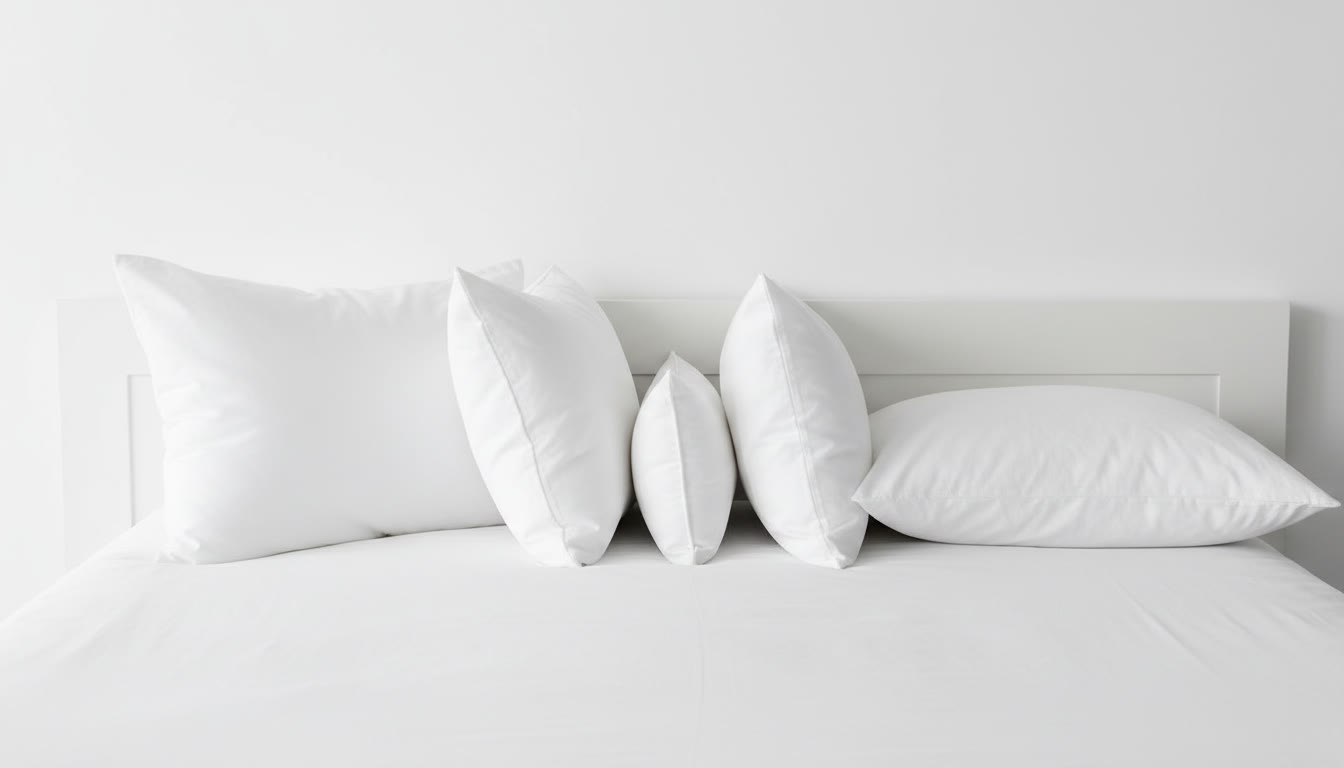 Four white pillows lined up on a bed for comparison