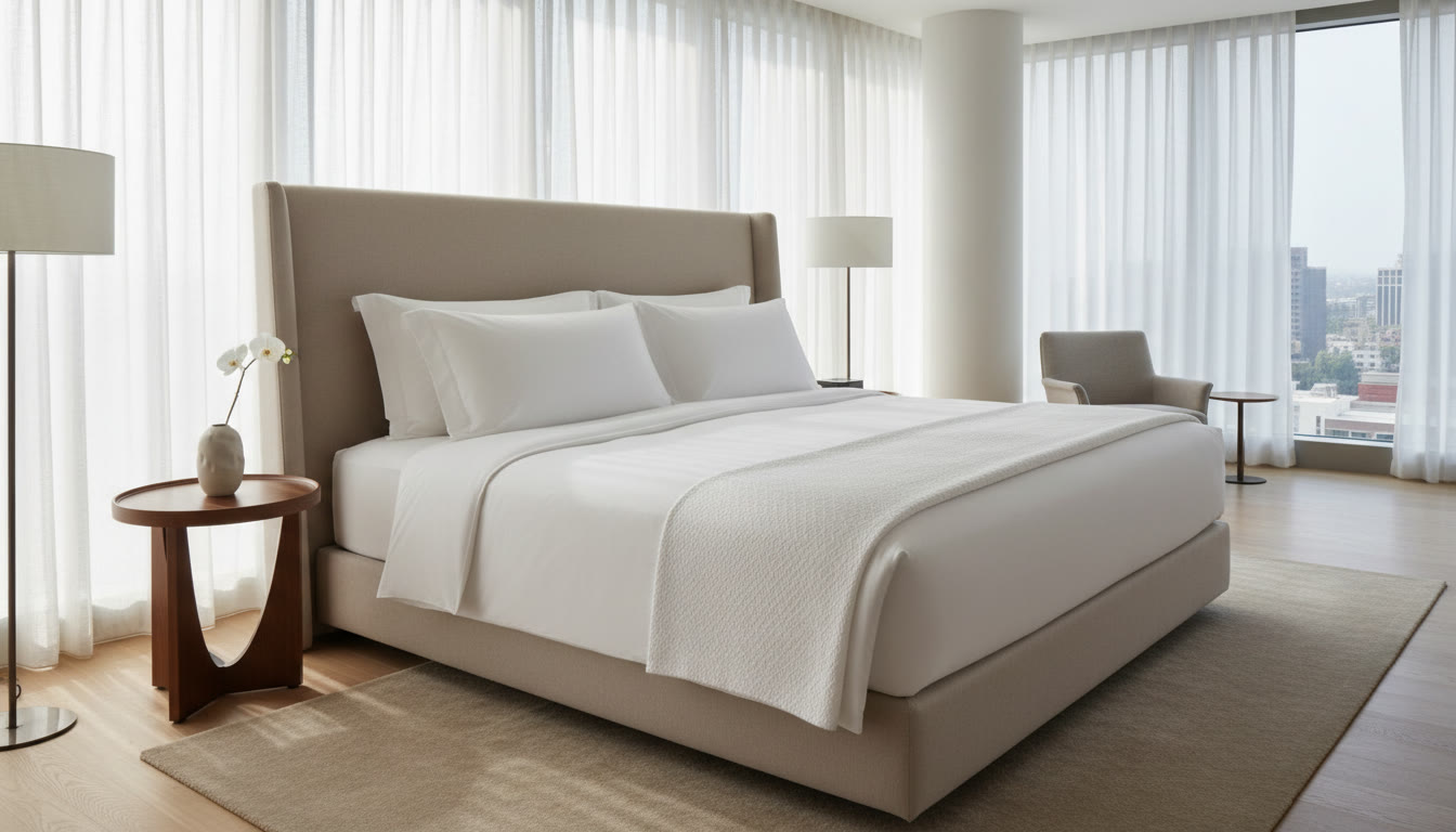 A hotel-style bed with plush white pillows in a bright bedroom