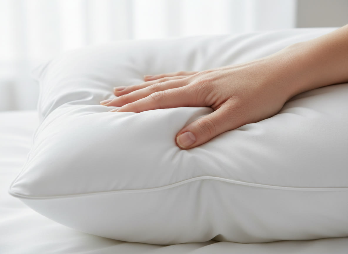 Close-up of a hand pressing into the plush white pillow